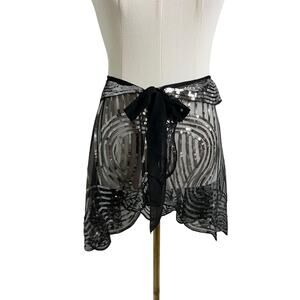 VIJIV Wrap Skirt Womens One Size Black Sequin Sheer Tie Waist Festival Dance